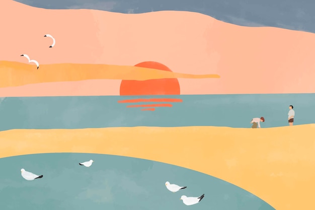 Sunset beach, vector de fondo de acuarela estética