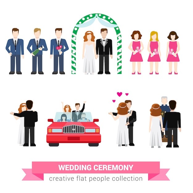 Vector gratuito súper ceremonia de boda matrimonio estilo plano personas establecidas recién casados esposa esposo novia novio baile padrino de boda madrina acomodador luna de miel colección de ilustraciones conceptuales creativas