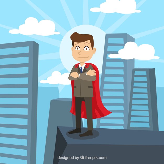 Super hombre de negocios en un paisaje urbano