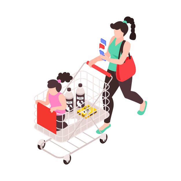 Super mamá haciendo compras con su hija mientras responde mensajes de texto ilustración del icono isométrico