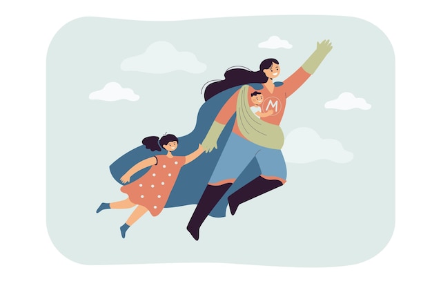 Vector gratuito super mamá volando con niños. ilustración plana