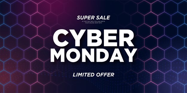 Super venta Cyber Monday Banner con colorido fondo hexagonal 3d