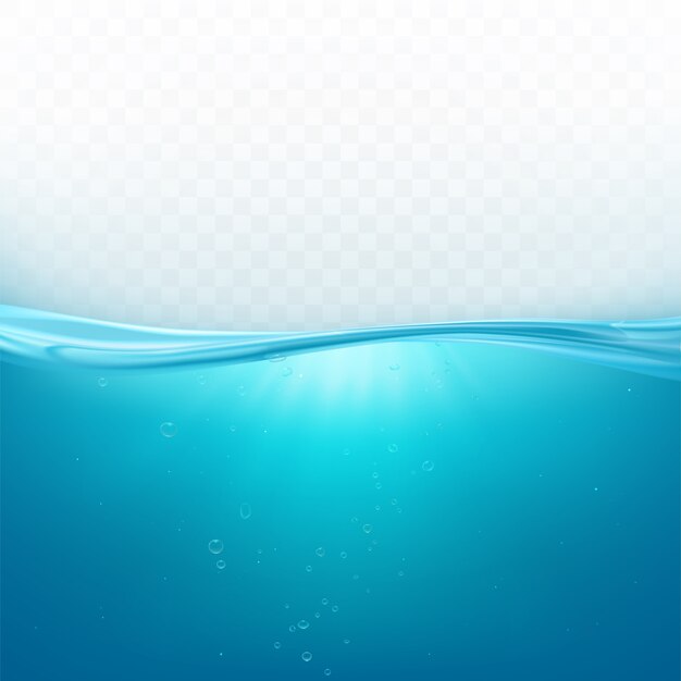 Superficie de la ola de agua, línea de océano líquido o nivel submarino del mar con fondo de burbujas de aire, agua azul fresca en movimiento