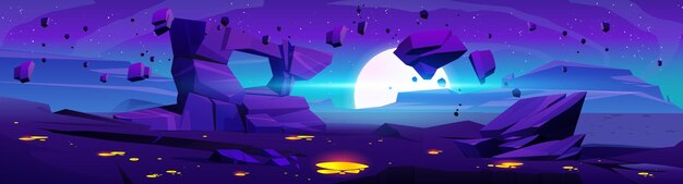 Superficie del planeta alienígena con piedras y charcos de sustancia amarilla en el suelo Ilustración de dibujos animados vectoriales de paisajes rocosos oscuros estrellas de la luna rocas flotando en el cielo nocturno Fondo del juego de aventura
