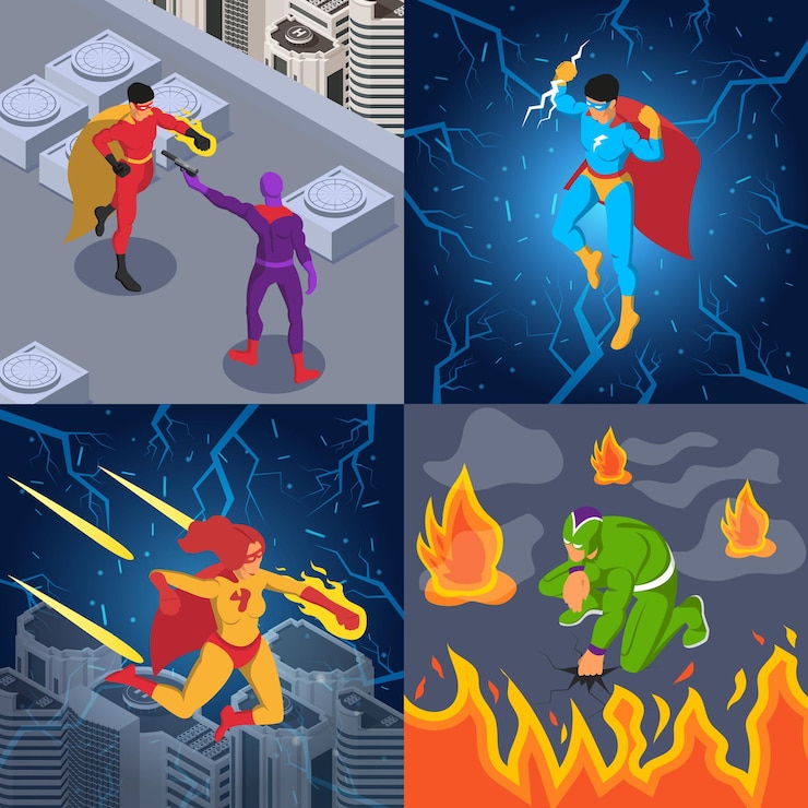 Vector gratuito superhéroes supervillanos cómics personajes relámpago fuego poder escenas de lucha