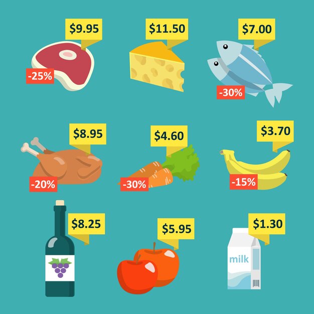 Supermercado de alimentos y bebidas iconos de selección conjunto con etiquetas de precio y etiquetas de descuento plana ilustración vectorial