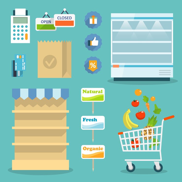 Vector gratuito supermercado concepto de sitio web en línea con surtido de alimentos, horarios de apertura y opciones de pago iconos ilustración vectorial