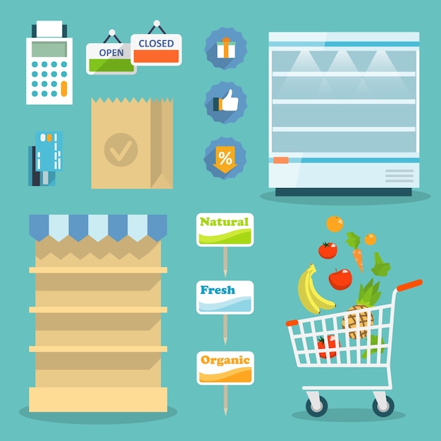 Supermercado concepto de sitio web en línea con surtido de alimentos, horarios de apertura y opciones de pago iconos ilustración vectorial