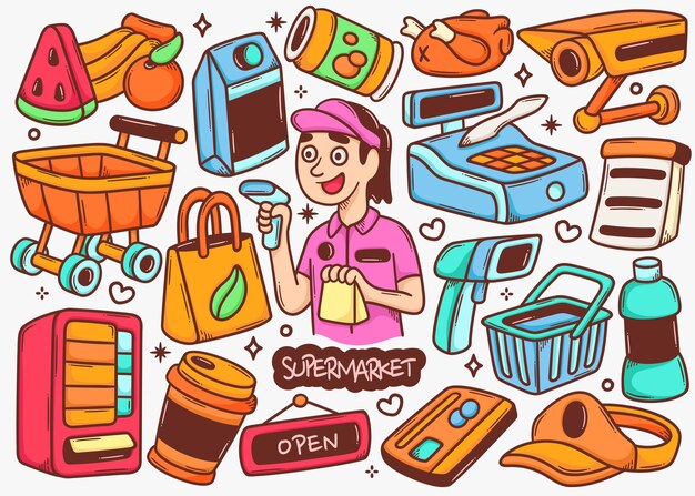 Supermercado Doodle Colección de vectores de color dibujados a mano