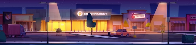 Vector gratuito supermercado nocturno y autos en el estacionamiento ilustración de dibujos animados vectoriales de un gran edificio comercial iluminado con cafetería y tienda de comestibles entradas de automóviles y camiones en la calle oscura cielo estrellado