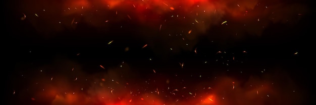 Superposición de chispas de fuego con fondo de humo y llamas