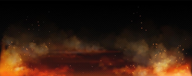 Superposición de chispas de fuego con fondo de humo y llamas