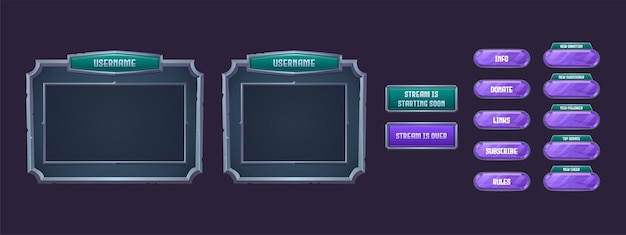 Superposición de cuadros y botones de transmisión de juegos. Plantilla de diseño de interfaz de usuario para la aplicación de video de cámara web. Conjunto de dibujos animados de vector de paneles de transmisión en vivo con bordes de metal antiguo para mostrar el proceso de juego