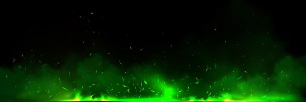 Superposición de efecto de fuego verde con fondo realista de brasa y humo Partícula de luz de chispa voladora en textura panorámica de llama Poder de brujería festiva de neón con vapor y llamas para chimenea de mago