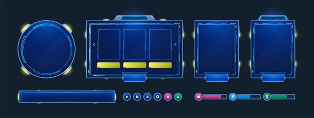 Superposición de flujo de espacio, marco de interfaz de usuario de twitch del juego. Pantalla de transmisión, paneles de nombre de usuario de jugador, menú y botones. Plantilla para esport, video en vivo en línea, interfaz de usuario digital, bordes luminosos, conjunto de vectores de dibujos animados