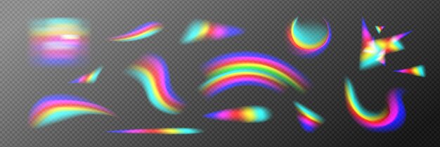 Superposición de luz de prisma de refracción holográfica del arco iris sobre fondo transparente Textura de destello de cristal con brillo de holograma de neón Difracción de gradiente de ensueño iridiscente abstracto borroso óptico