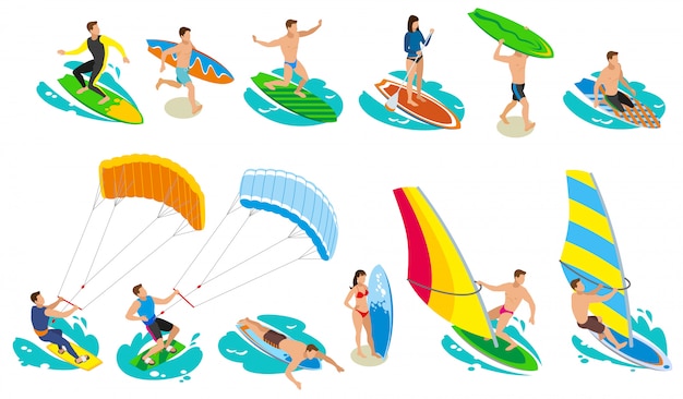 Surf isométrico y varios modelos y tipos de tablas de surf de vela
