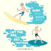 Vector gratuito surferos dibujados a mano con frases