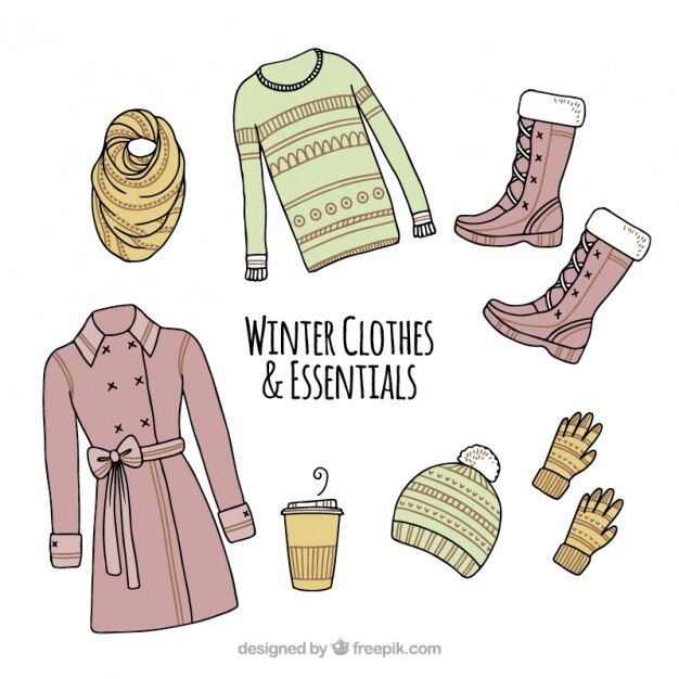 Surtido de accesorios y ropa de invierno dibujados a mano 