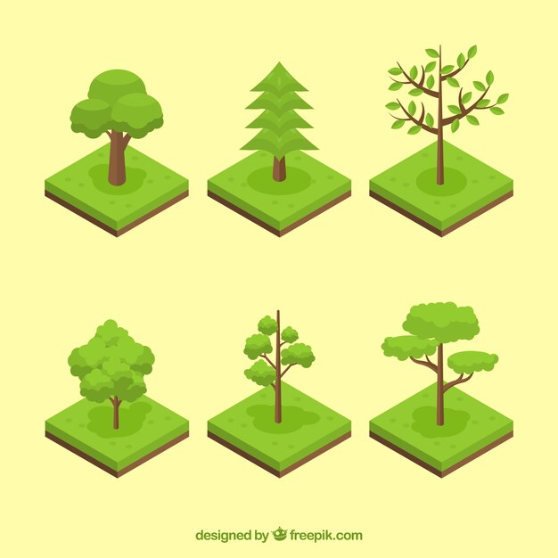 Surtido de árboles verdes en estilo isométrico