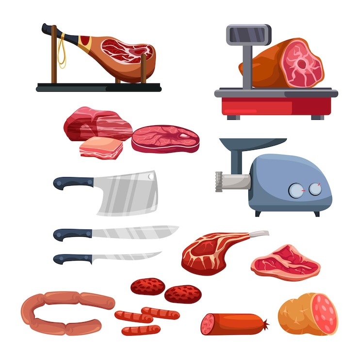 Vector gratuito surtido de cortes de carne y juego de cuchillos de acero aislados en blanco molinillo de carne y escamas de alimentos crudos y cocidos de dibujos animados carne de cerdo cordero