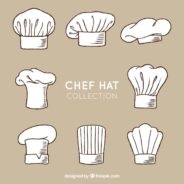 Surtido dibujado a mano de ocho gorros de chef dibujados a mano