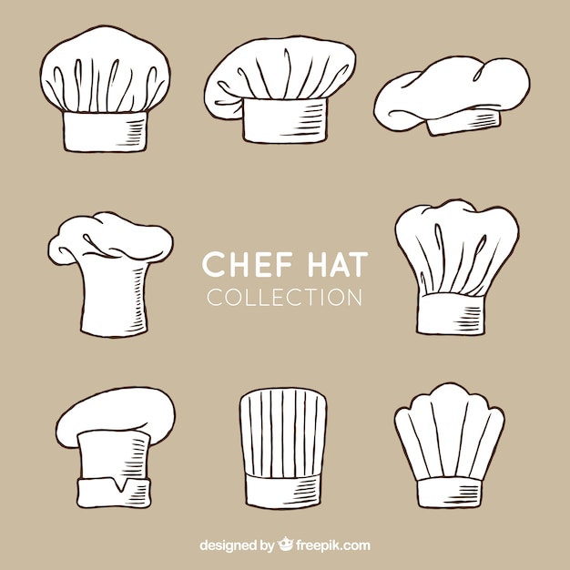 Surtido dibujado a mano de ocho gorros de chef dibujados a mano
