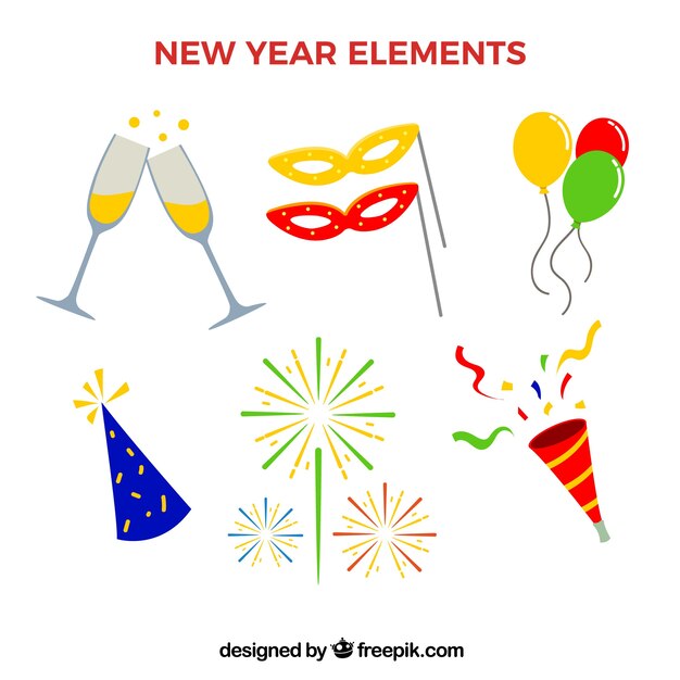 Surtido de elementos de año nuevo en diseño plano 