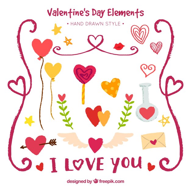 Surtido de elementos coloridos dibujados a mano para el día de san valentín