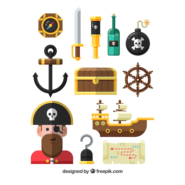 Vector gratuito surtido de elementos piratas fantásticos en diseño plano