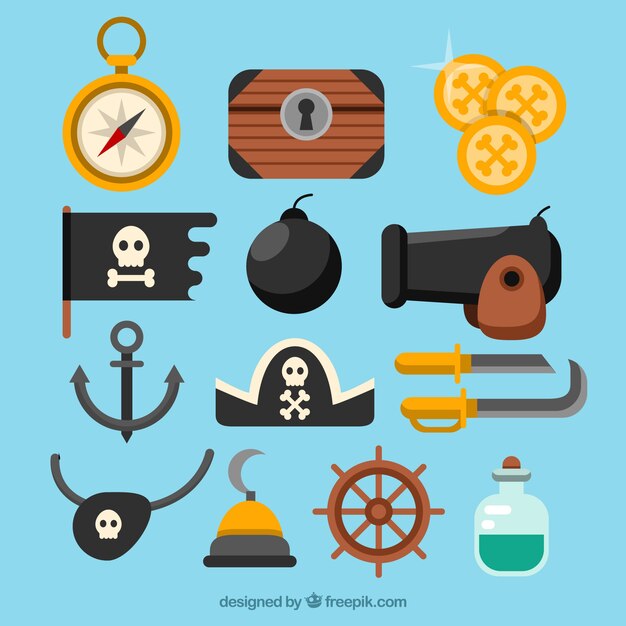 Surtido de elementos piratas planos