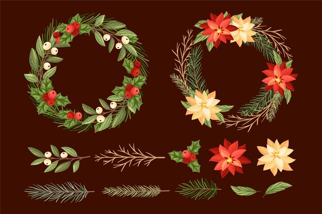 Surtido de flores y guirnaldas dibujadas a mano de decoraciones navideñas
