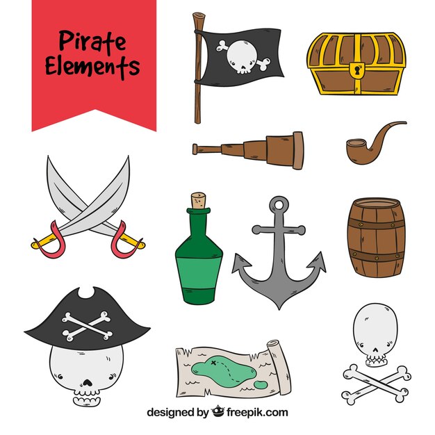 Surtido de objetos piratas dibujados a mano