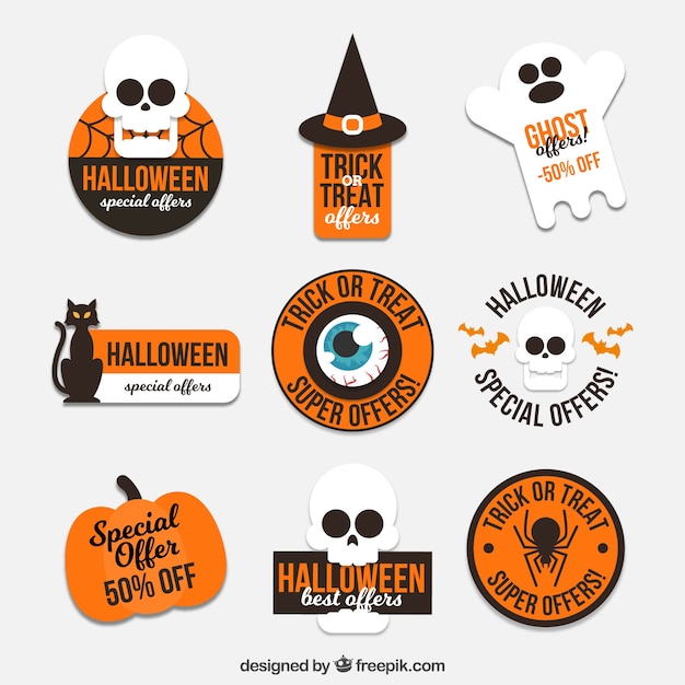 Vector gratuito surtido de pegatinas de halloween en diseño plano