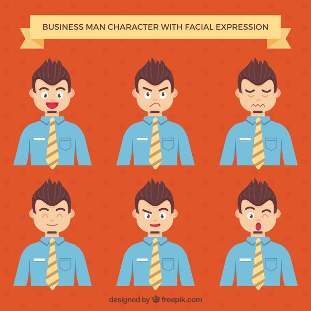 Surtido de personaje de hombre de negocios con expresiones faciales