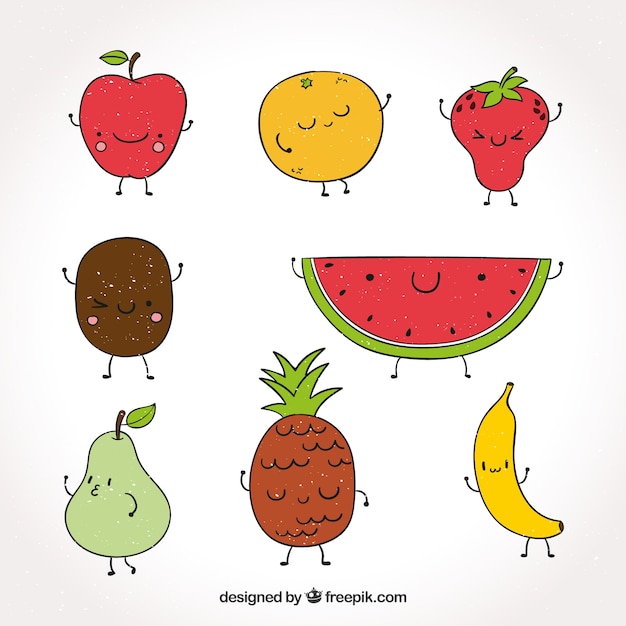 Surtido de personajes de fruta dibujados a mano
