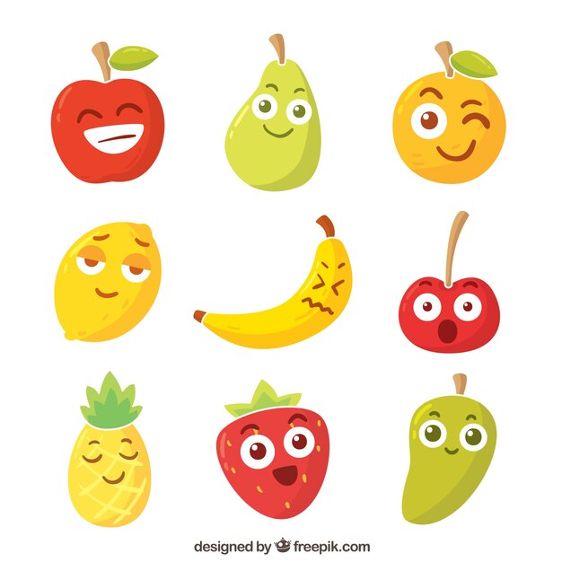 Surtido de personajes de fruta con expresiones faciales