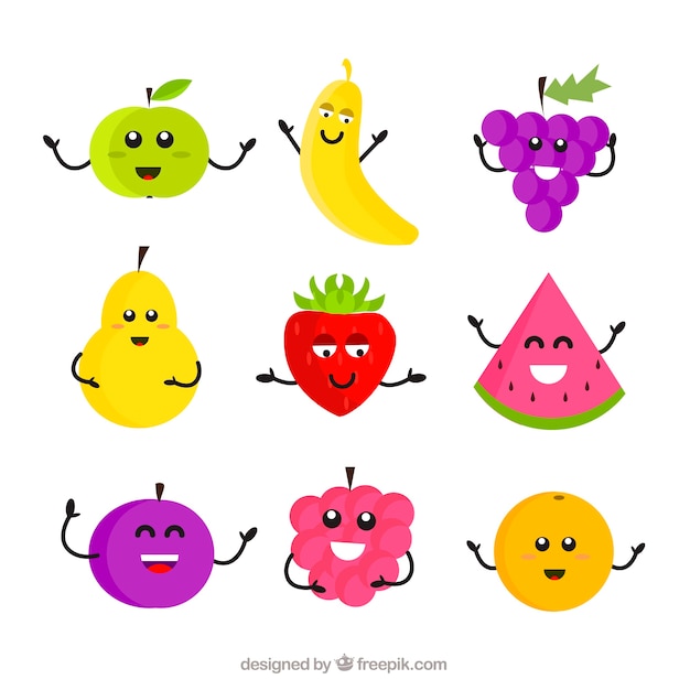 Vector gratuito surtido de personajes de frutas en diseño plano