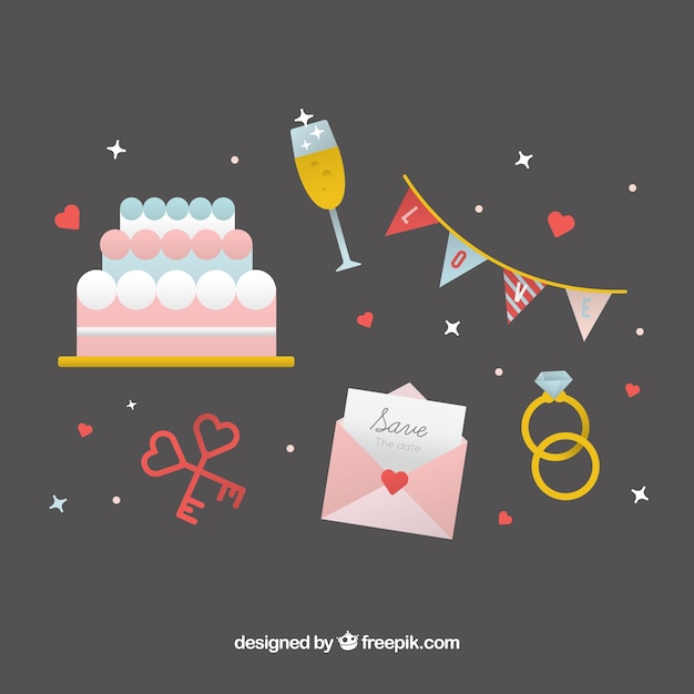 Surtido plano de objetos de boda fantásticos