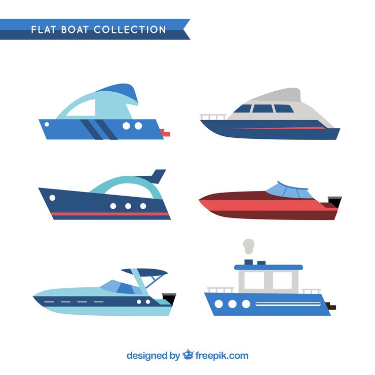 Vector gratuito surtido de seis barcos de colores en diseño plano