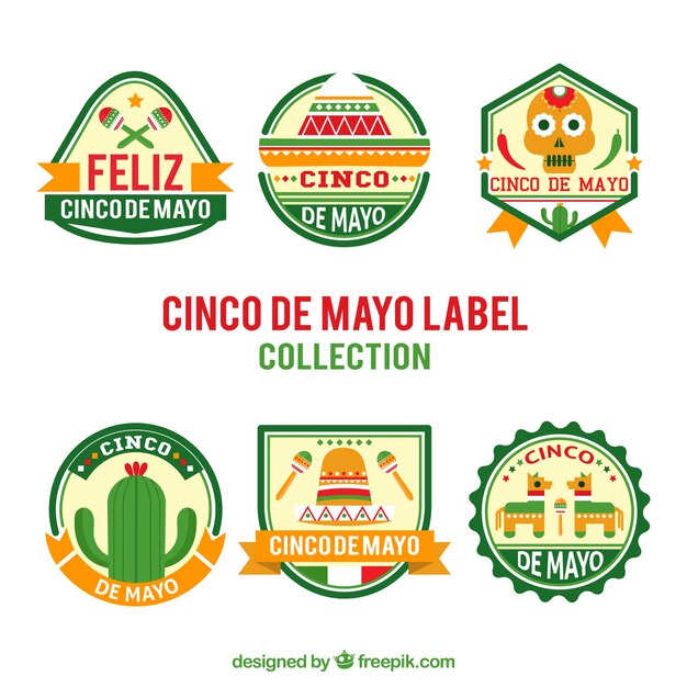 Surtido de seis pegatinas del cinco de mayo con detalles naranjas