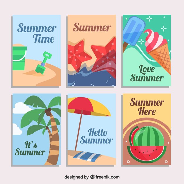 Surtido de seis tarjetas veraniegas decorativas en diseño plano