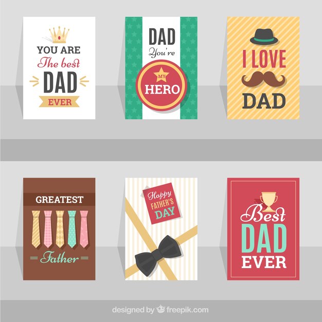 Surtido de tarjetas de felicitación del día del padre en diseño plano