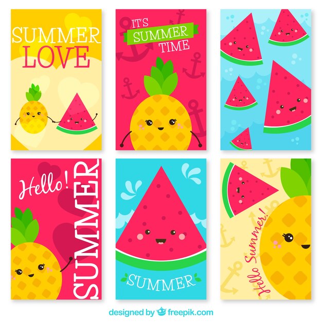 Surtido de tarjetas veraniegas con personajes de fruta lindos