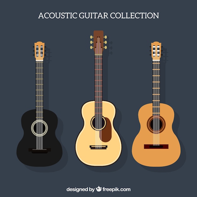 Surtido de tres guitarras acústicas en diseño plano