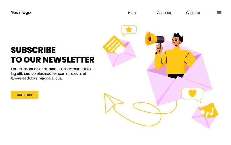Vector gratuito suscríbase a nuestra página de inicio del boletín, suscripción a noticias por correo electrónico, mensajes de actualización del blog, envíelos con el grito del promotor al altavoz en un sobre enorme, negocios de medios de marketing, banner web vectorial de arte lineal
