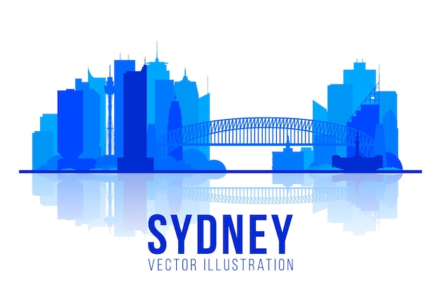 Vector gratuito sydney ciudad silueta vector ilustración horizonte ciudad silueta rascacielos diseño plano turismo banner diseño plantilla con sydney australia