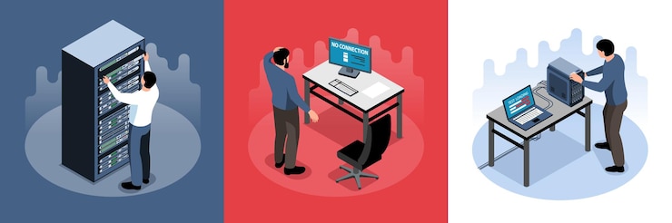 Vector gratuito sysadmin masculino que trabaja con la ilustración 3d del concepto de diseño isométrico del hardware de la computadora
