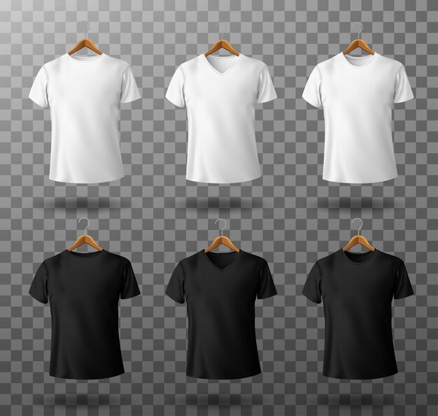 T-shirt mockup camiseta masculina en blanco y negro con mangas cortas en perchas de madera plantilla vista frontal.