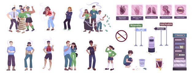 Sin tabaco dejar de fumar opción saludable frente a enfermedades respiratorias cáncer de pulmón desperdicio de dinero conjunto plano ilustración vectorial
